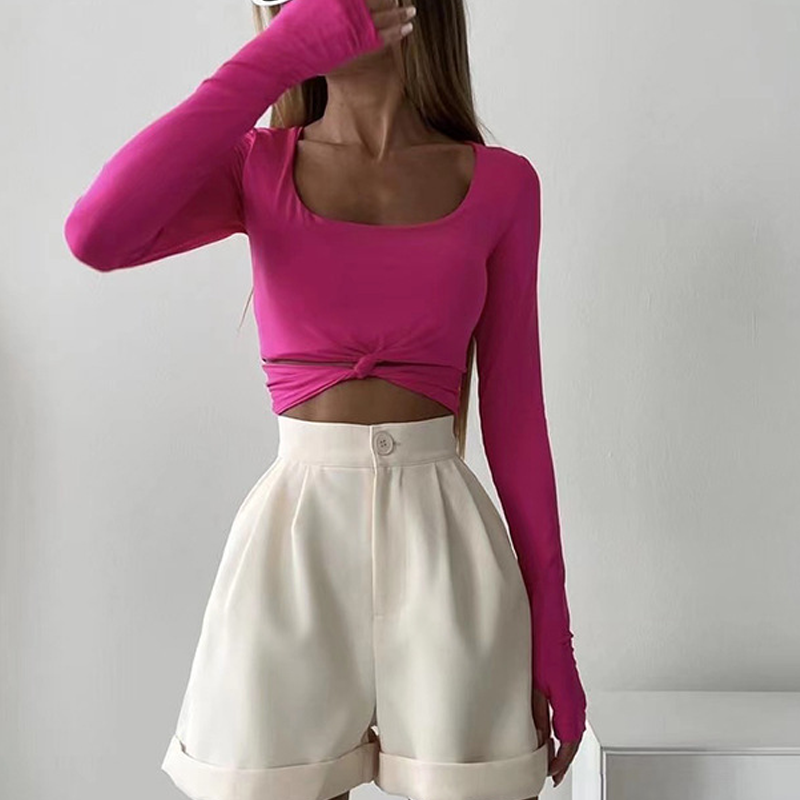 Long Sleeve Crewneck Tie Knot Top T-Shirt