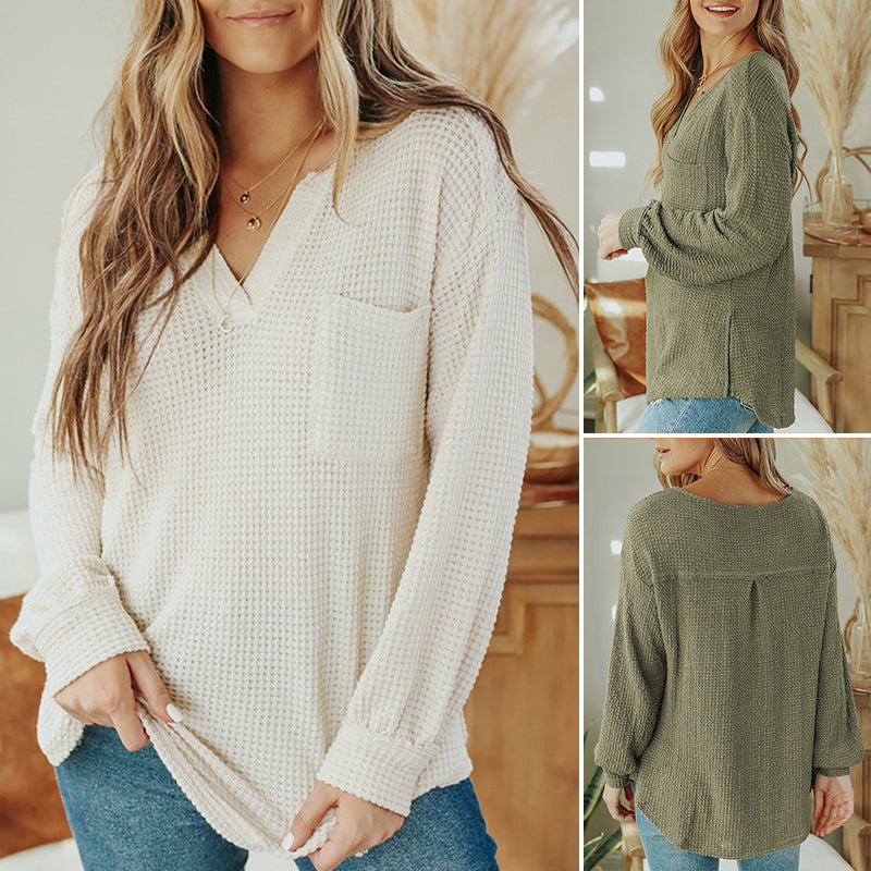 Solid Color V-Neck Pullover Long Sleeve Knit Sweater
