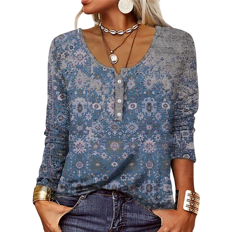 Long-sleeved U-neck Top with Buttons