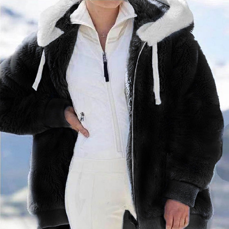 Women Loose plush zipper hooded jacket