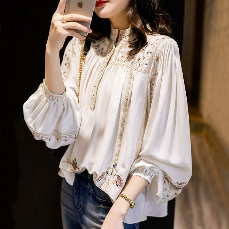 Elegant White Top Quality Embroideried Chiffon Blouse