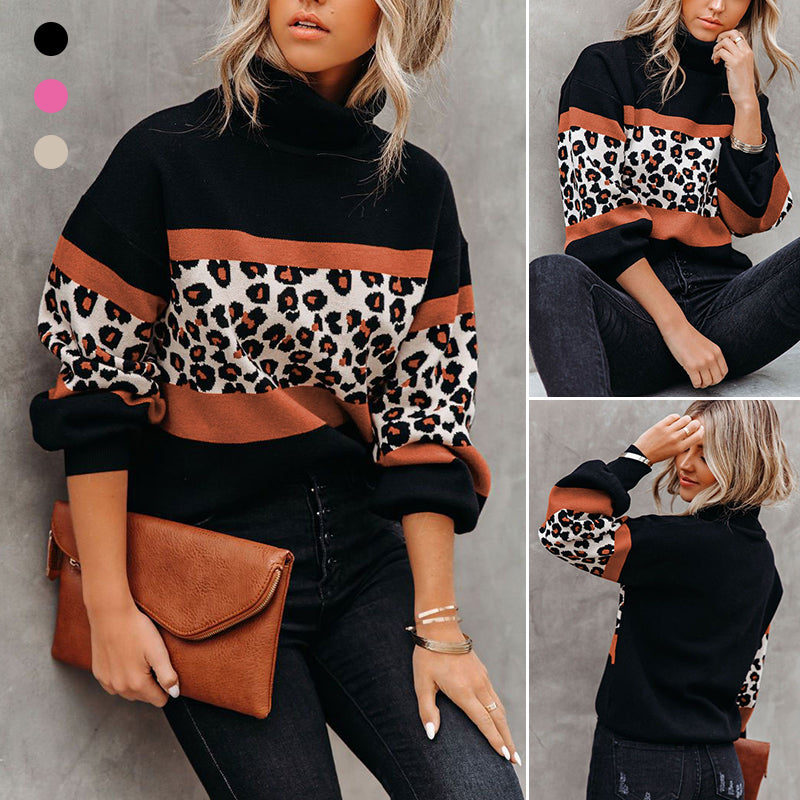 Turtleneck Leopard Print Colorblock Knitted Sweater