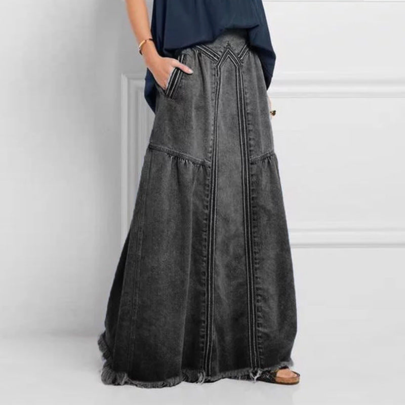 Women Distressed Solid Color Elastic Waist Loose Denim Skirt