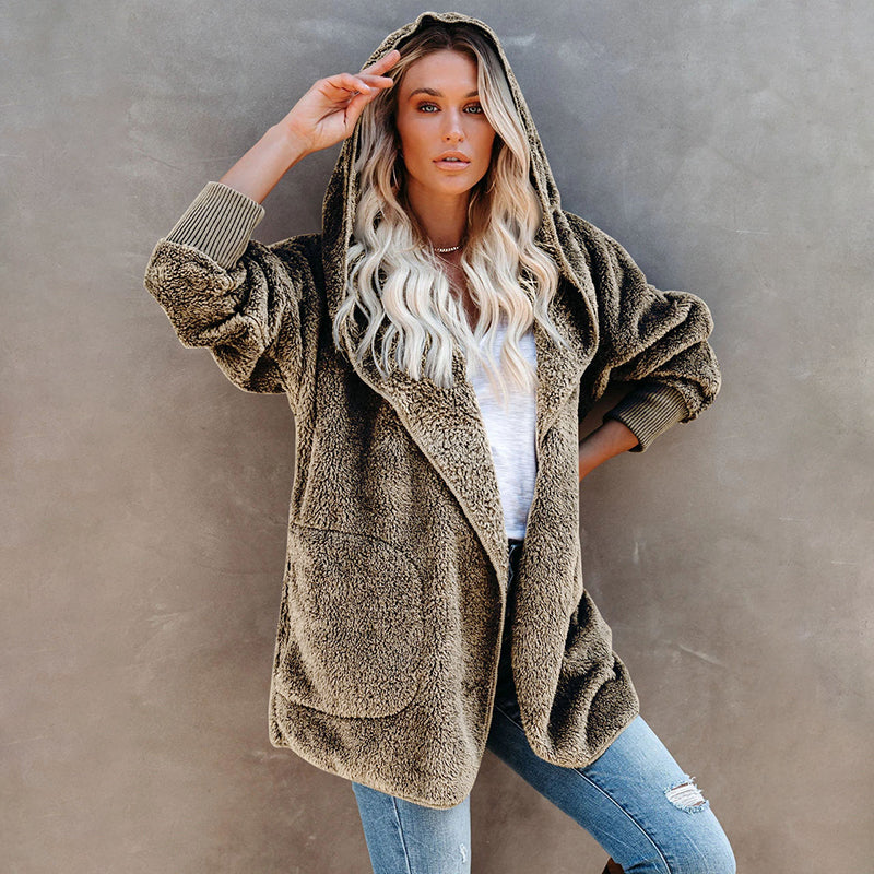 Long Sleeve Casual Hooded Solid Color Cardigan