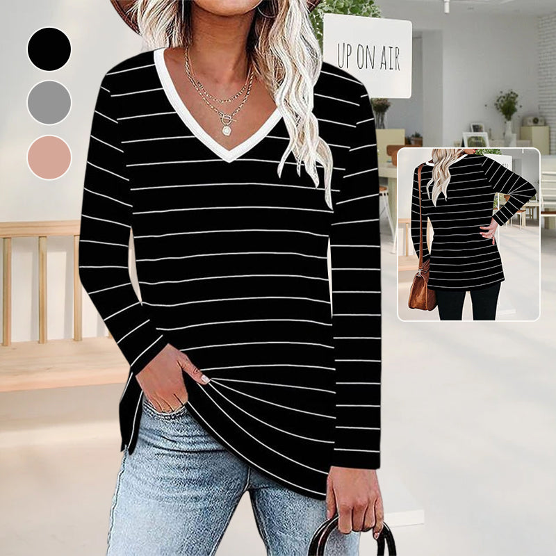 Long Sleeve V Neck Striped T-Shirt