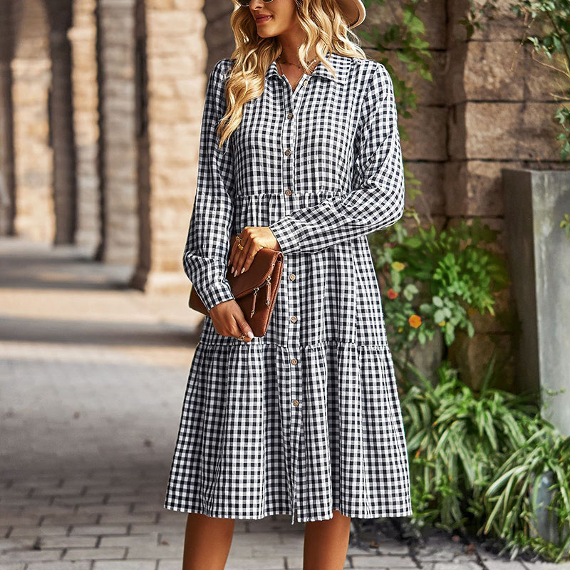 Check Swing Long Sleeve Dress