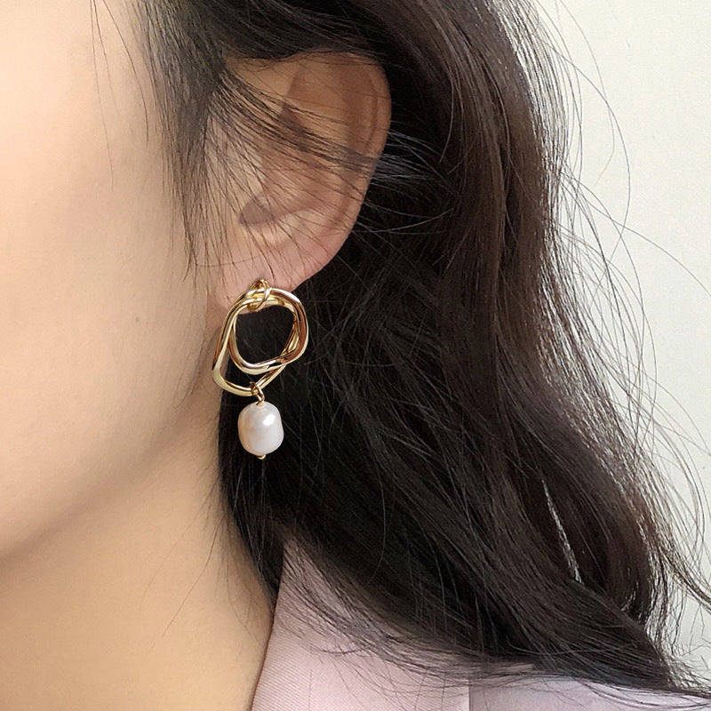 Hammered Double Circle Pearl Earrings