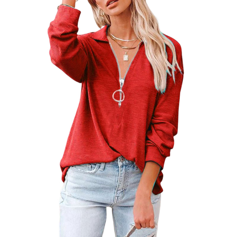 Women's Lapel Casual Zip Long Sleeve Top T-Shirt