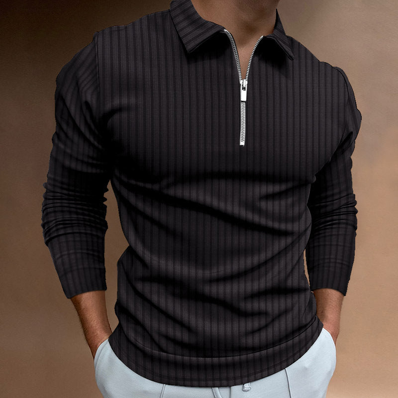 Polo Shirt Zipper Stripe Long Sleeve Men's Polo Shirt