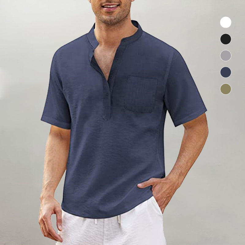 Men's Linen Cotton Shirt Black Stand Collar T-Shirt