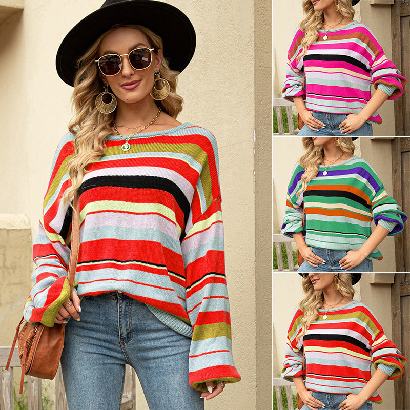 Women's Colorful Striped Crewneck Loose Knit Sweater