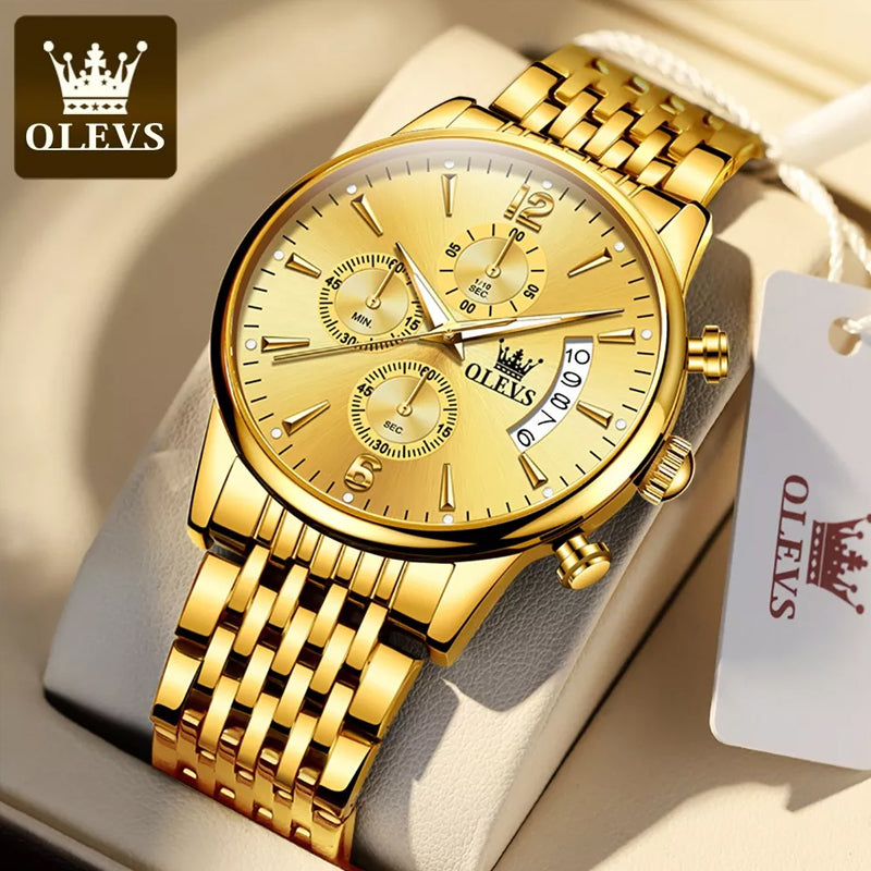 Luxury Gold Three-eye Chronograph Dial Automatic Mechanical Watch