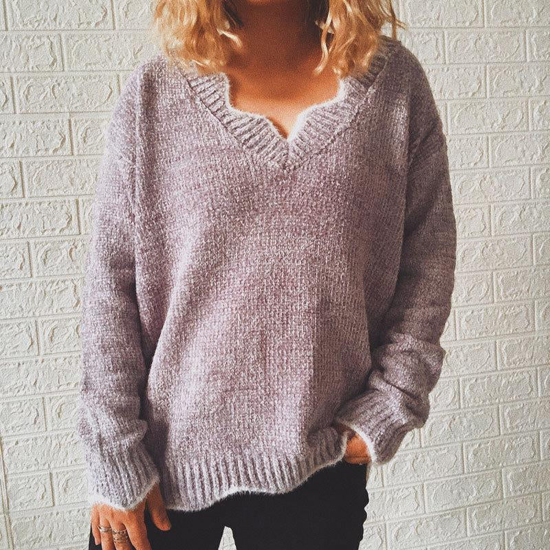 V Neck Long Sleeve Casual Pullover Sweater