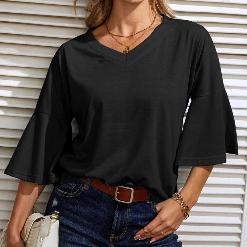 Plain V-neck flared T-shirt