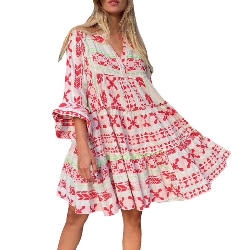 Printed V-Neck Casual Dress