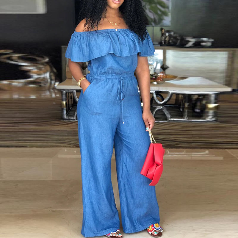 Foldover Ruffle Trim Drawstring Denim Jumpsuit