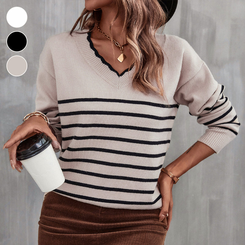 V-Neck Striped Knit Sweater