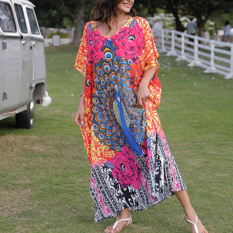 V-Neck Beach Dress With Peacock Print