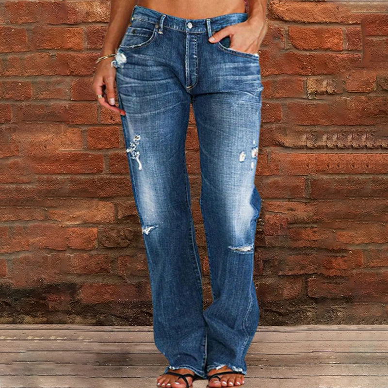 Ripped Low Waist Straight Leg Jeans