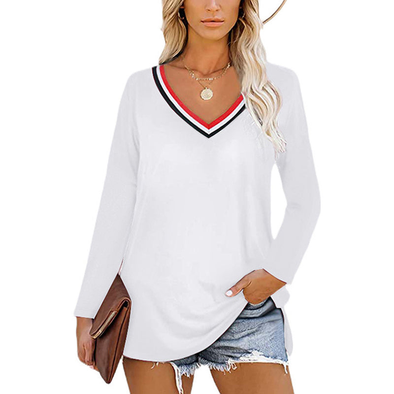 Striped Panel V-Neck Long Sleeves