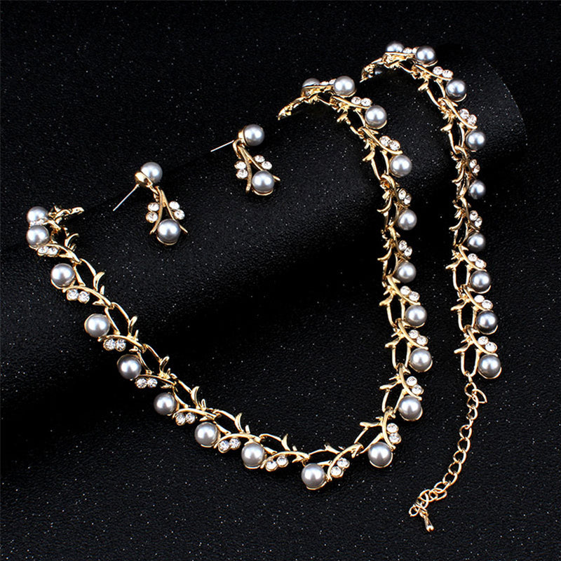 Three-Piece Pearl Earring Necklace Bracelet