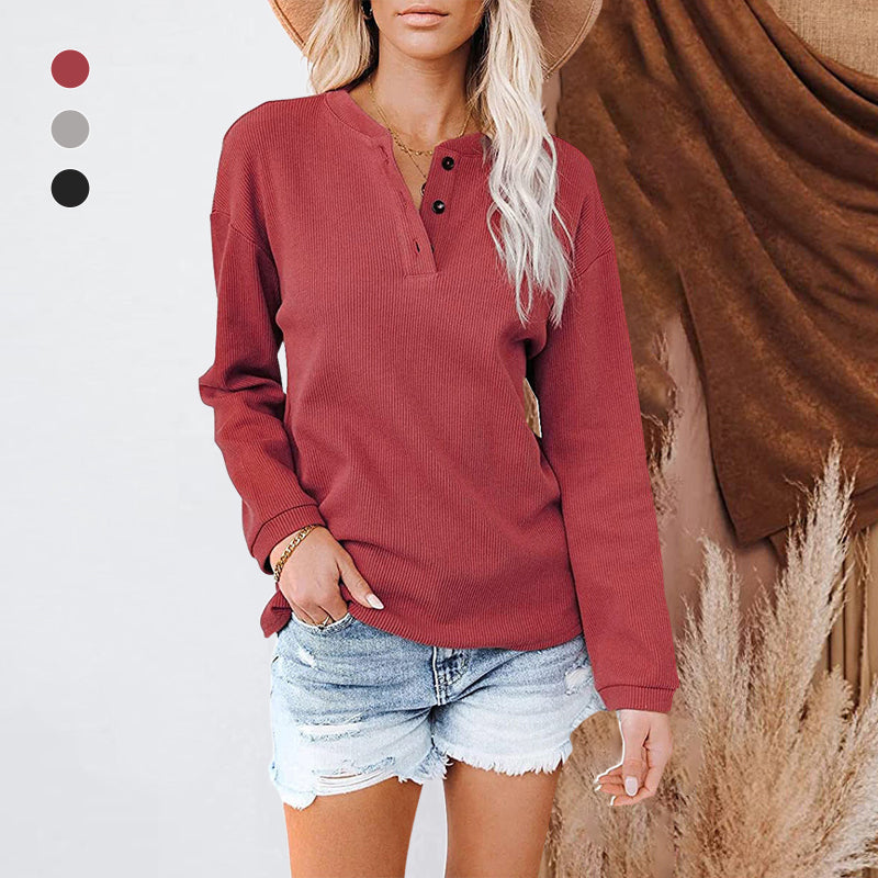 V-neck Solid Color Long-sleeved Top T-shirt