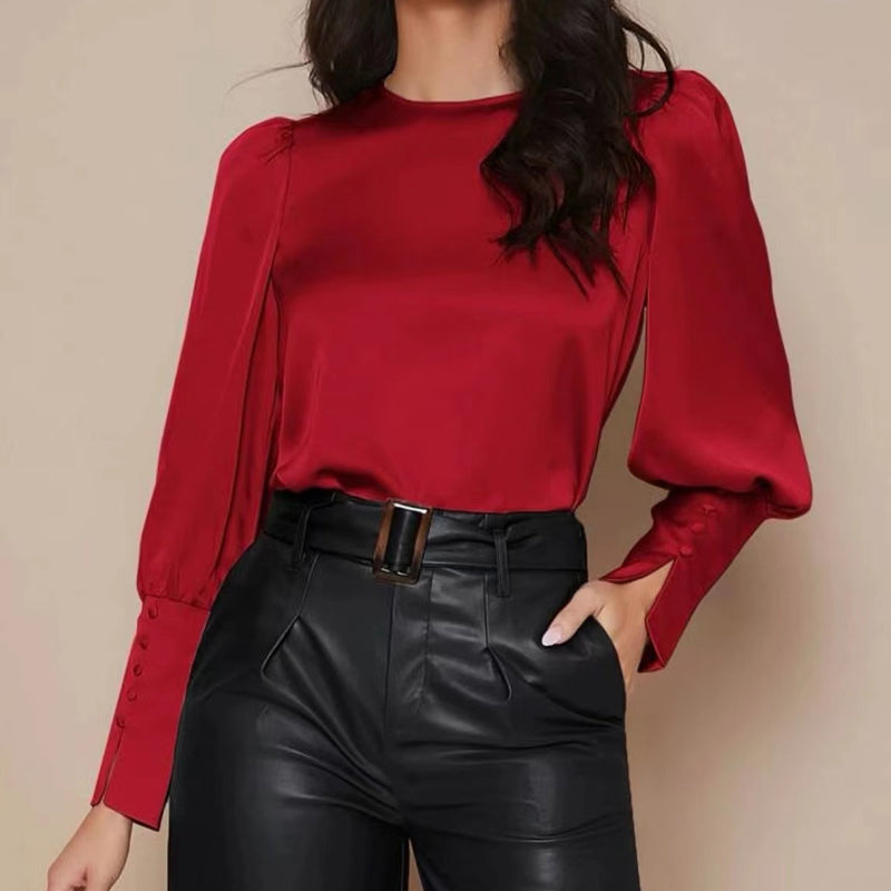Crew Neck Button-Up Satin Shirt
