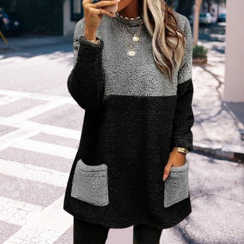 Round Neck Panels Pockets Long Sleeves Suede Sweatshirt