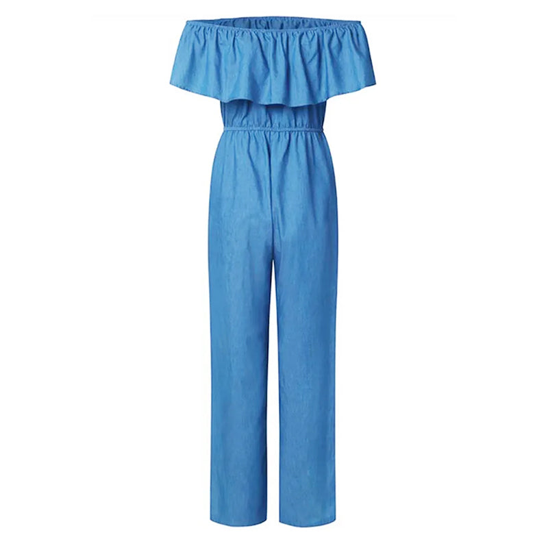 Foldover Ruffle Trim Drawstring Denim Jumpsuit