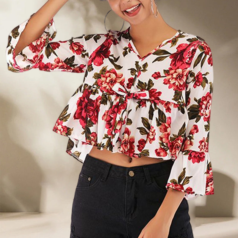 Ladies Summer V-Neck Flared Sleeve Printed Chiffon Shirt