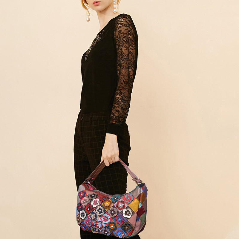 Multi-Color Floral Genuine Leather Boston Bag