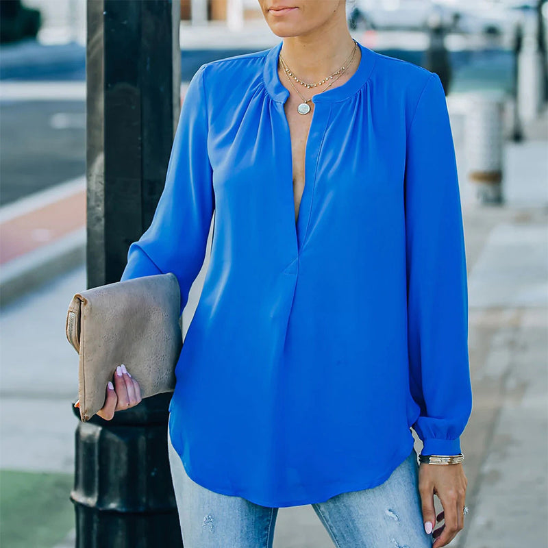 Casual Solid Loose V-Neck Ruched Long Sleeve T-Shirt