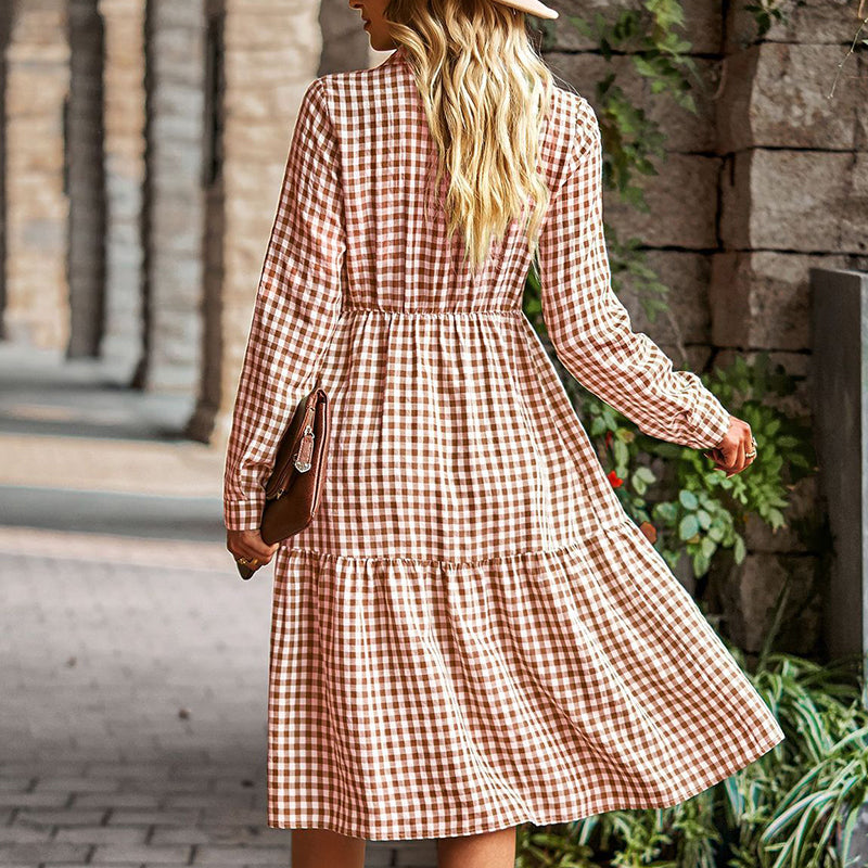 Check Swing Long Sleeve Dress