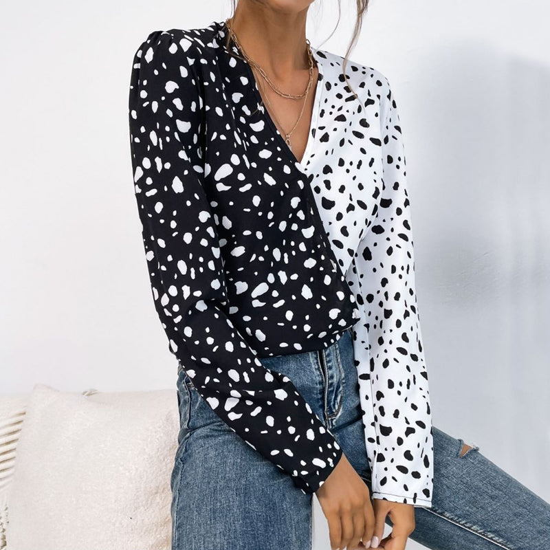 Stone Pattern V-Neck Long Sleeve Shirt