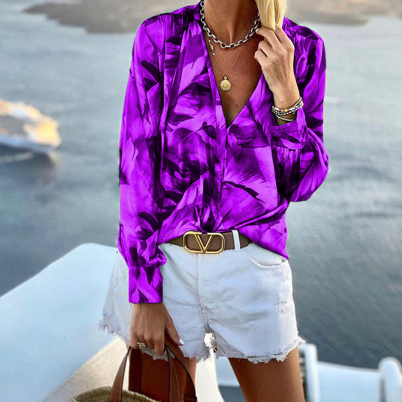 Printed V-Neck Long Sleeve T-Shirt