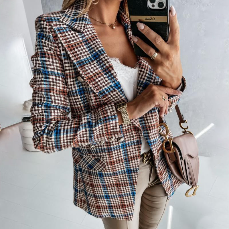 Women's Fashion Long Sleeve Suit Plaid Jacket