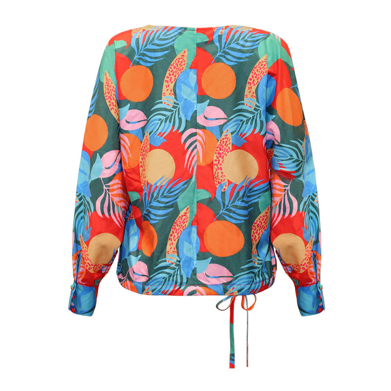 Printed V-Neck Long Sleeve Loose Casual Shirt