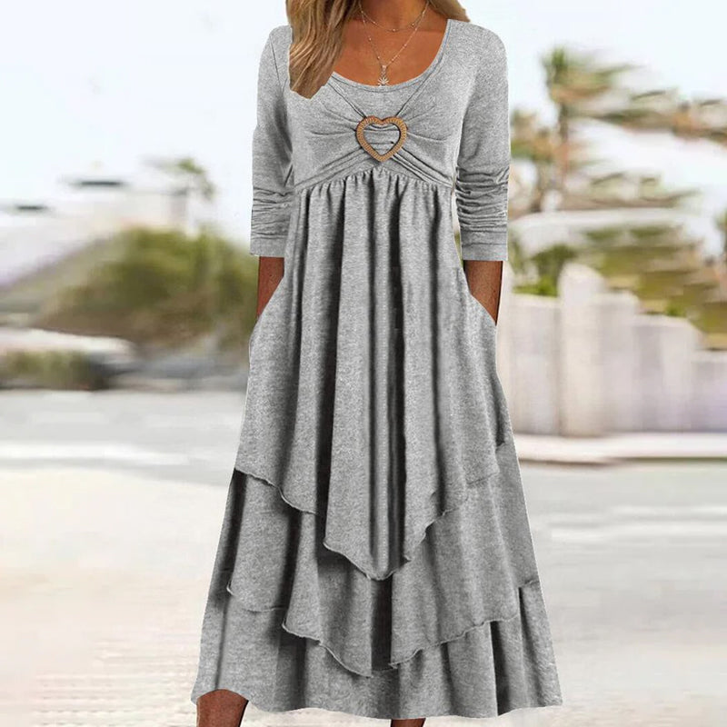 Plain Regular Fit Crew Neck Long Sleeve Casual Midi Dress