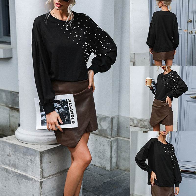 Beaded Crew Neck Knit Balloon Sleeve Top