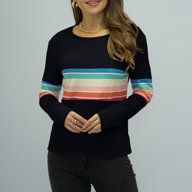 Crew Neck Long Sleeve Rainbow Stripe Panel T-Shirt