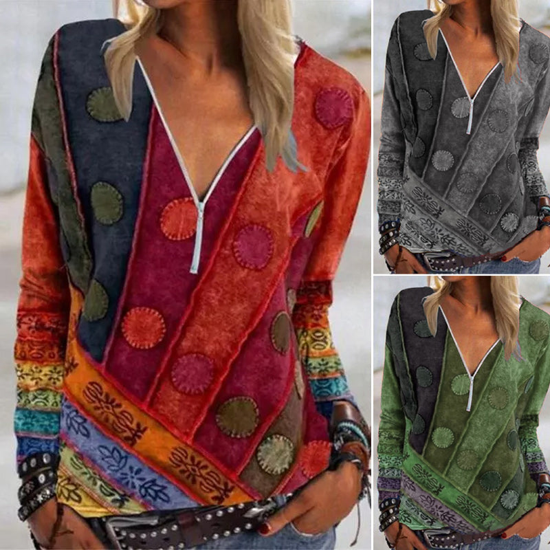 V Neck Abstract Long Sleeve Shift Shirts & Tops