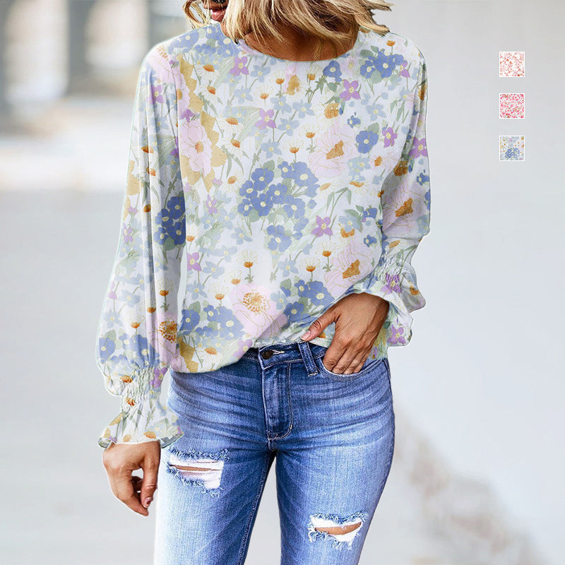 Floral Round Neck Balloon Sleeve T-Shirt