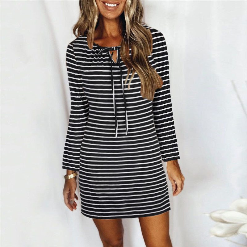 Cord Tie Striped Long Sleeve Dress