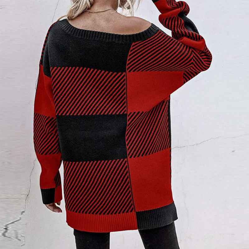 Plaid Contrast Knit Sweater