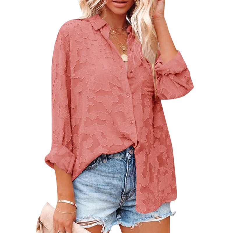 Solid Color Cutout Chiffon Jacquard Button Long Sleeve Shirt