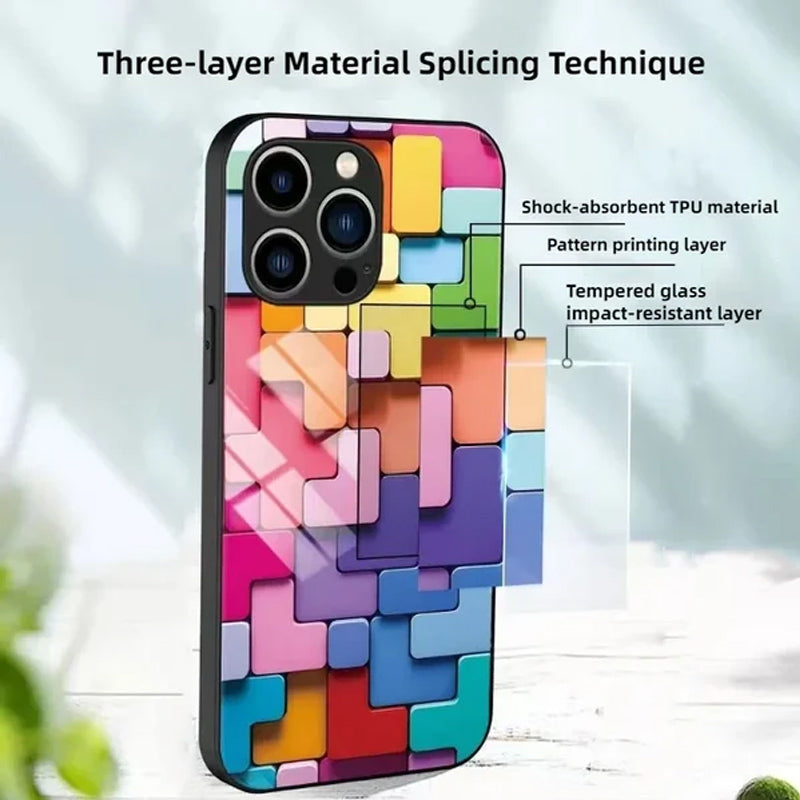 Flat 3D Square Pattern Glass Case Cover Compatible with iPhone