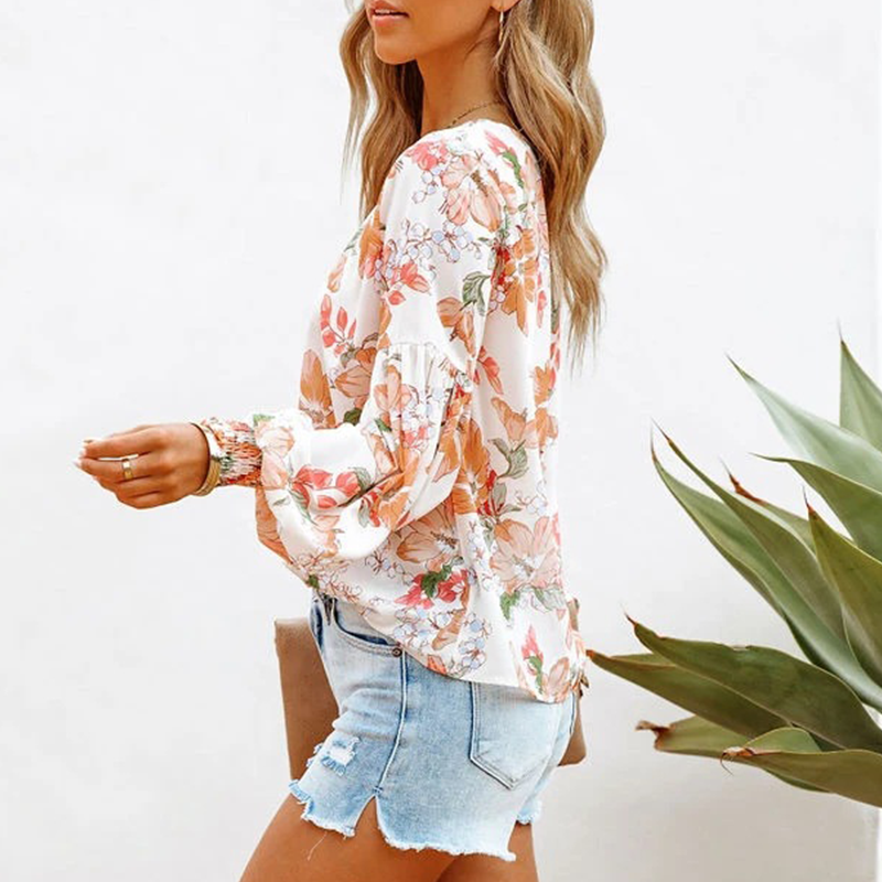 Fashion Print Balloon Sleeve Long Sleeve Top