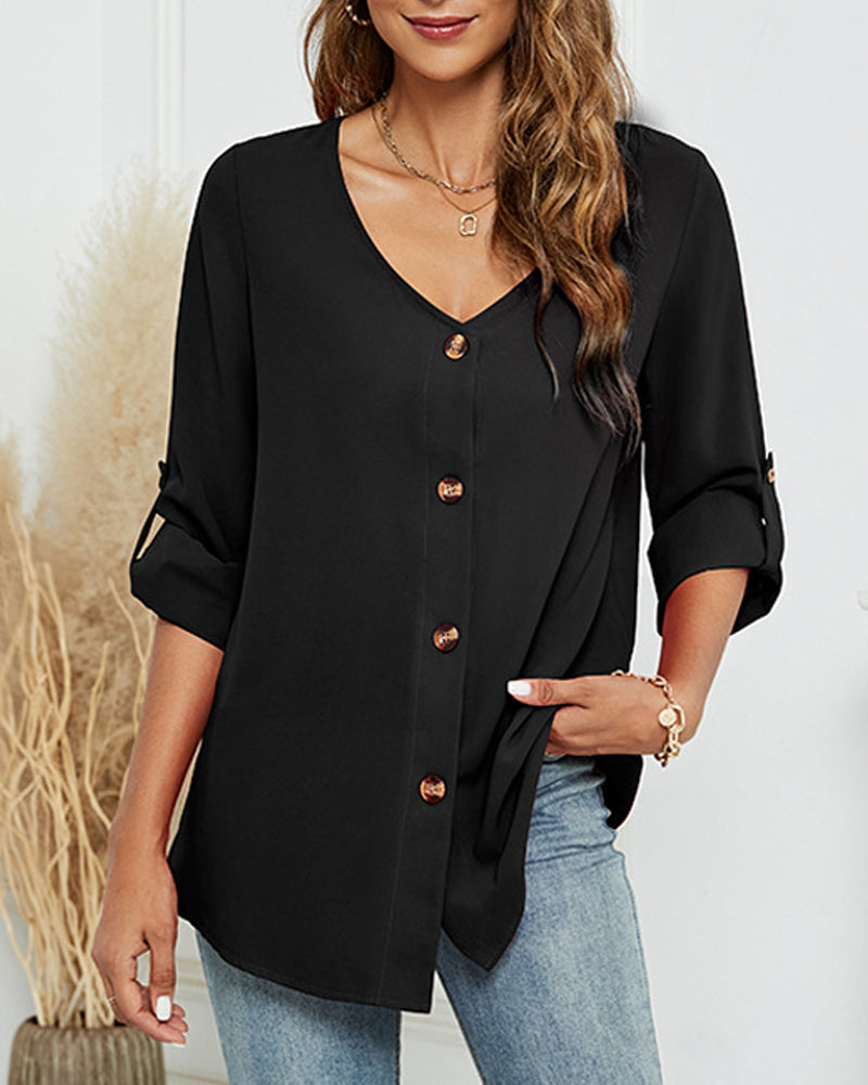 Solid V-Neck Button-Up Shirt