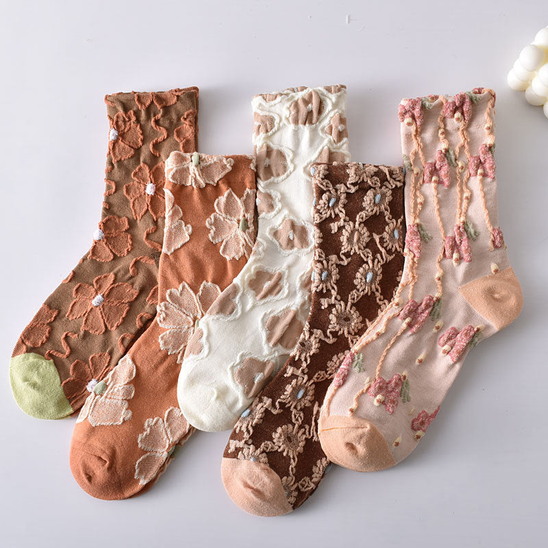 Women's Elegant Embossed Floral Cotton Socks