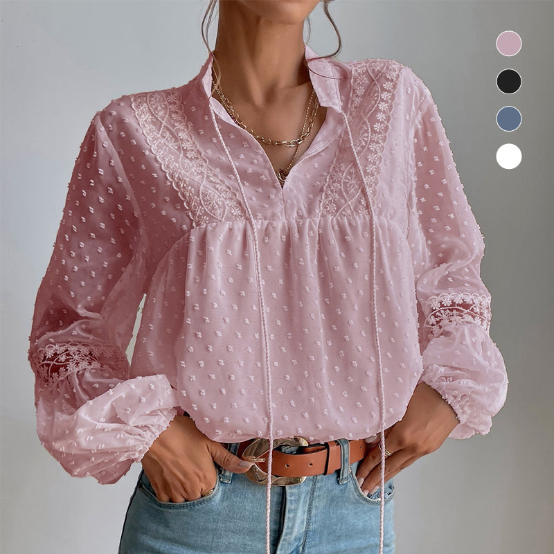 Polka Dot Chiffon Lace Panel Loose Blouse